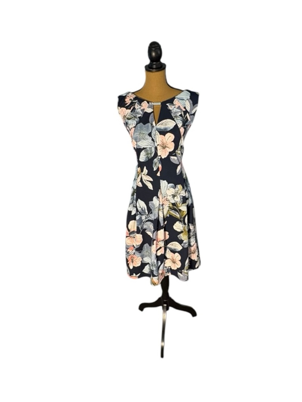 Liz Claiborne Floral Midi Dress 18 Navy Fit Flare Keyhole A Line Wedding Guest